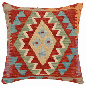 18x18 hand woven kilim throw pillow in rust, blue and beige - Tribal Stokes