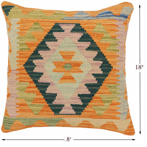 handmade Traditional Pillow Orange Blue Hand-Woven SQUARE 100% WOOL Hand woven turkish pillow2 x 2