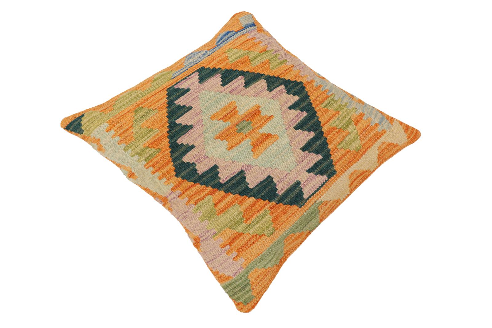 handmade Traditional Pillow Orange Blue Hand-Woven SQUARE 100% WOOL Hand woven turkish pillow2 x 2