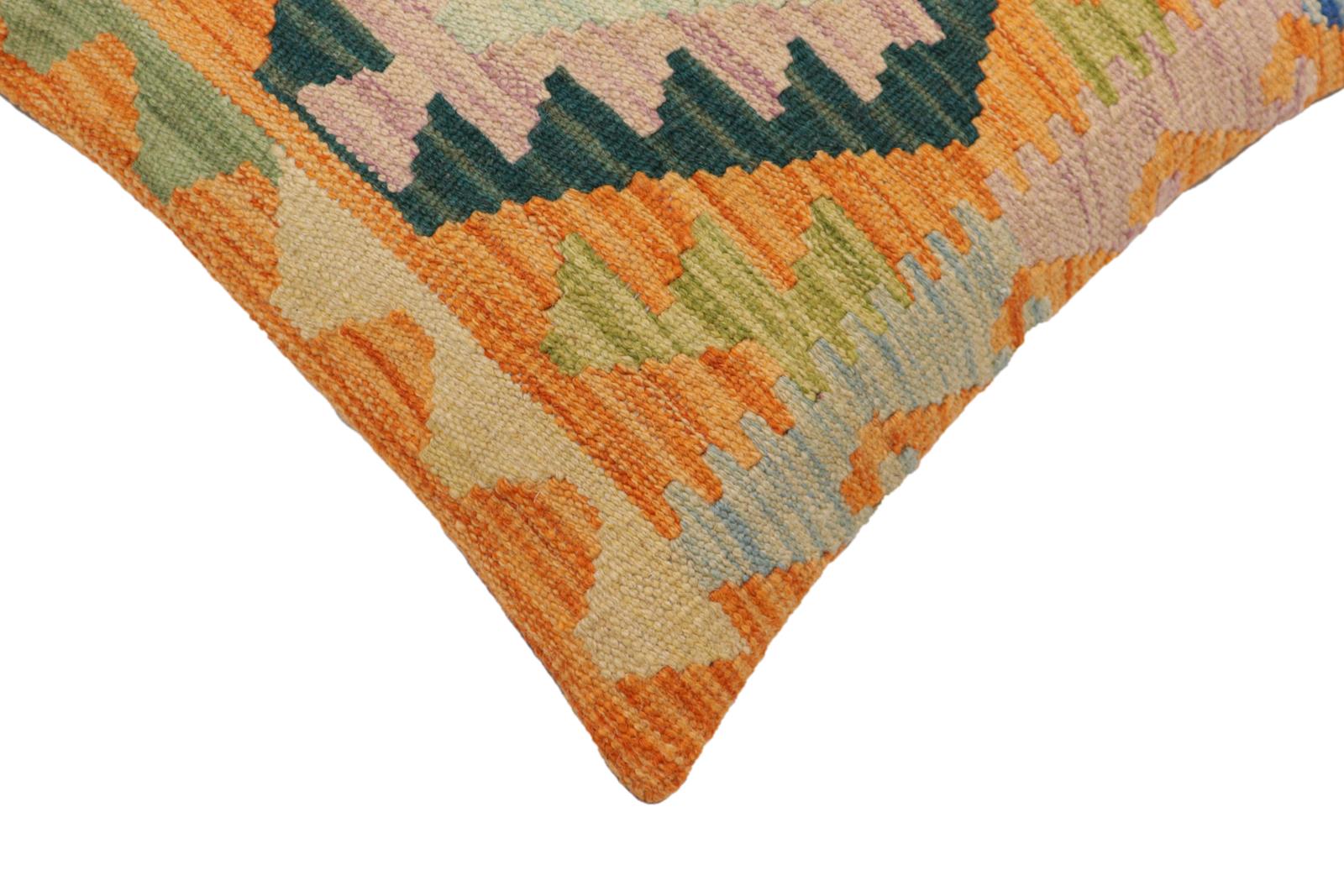 handmade Traditional Pillow Orange Blue Hand-Woven SQUARE 100% WOOL Hand woven turkish pillow2 x 2