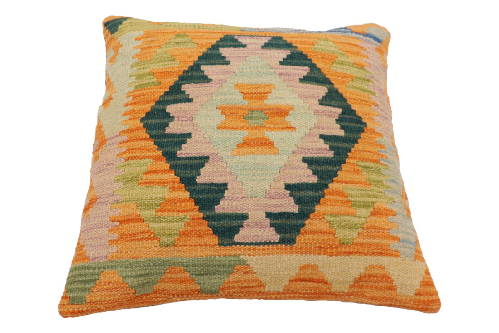 handmade Traditional Pillow Orange Blue Hand-Woven SQUARE 100% WOOL Hand woven turkish pillow2 x 2