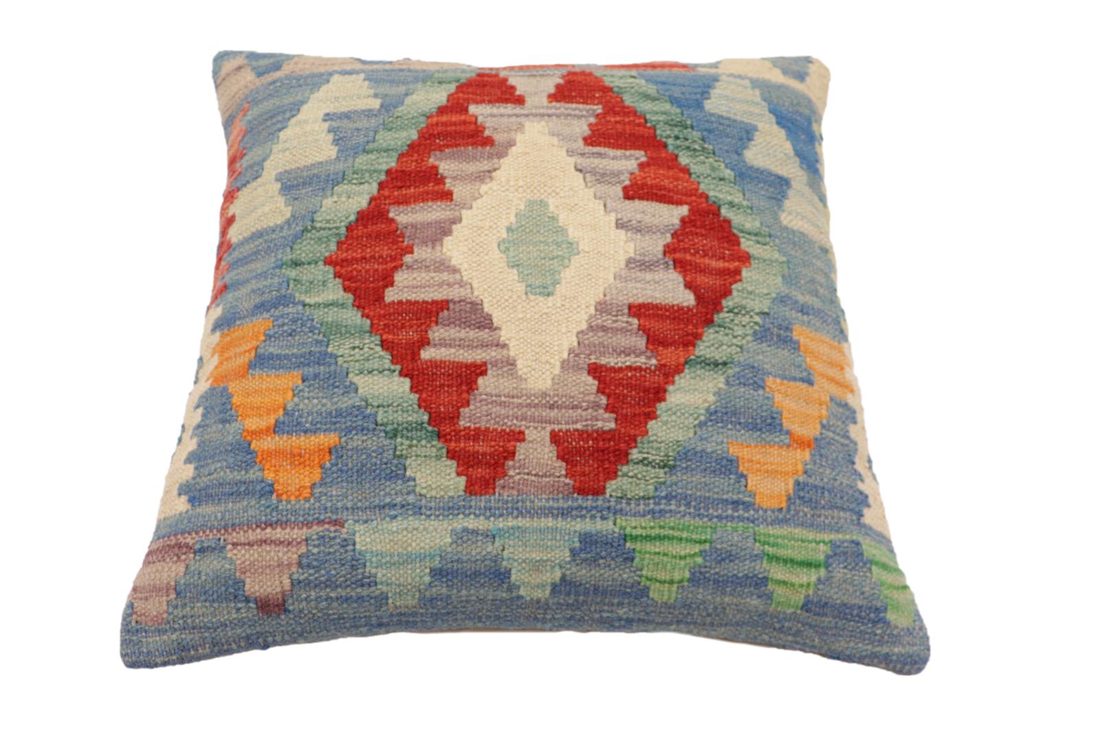 handmade Traditional Pillow Blue Red Hand-Woven SQUARE 100% WOOL Hand woven turkish pillow2 x 2