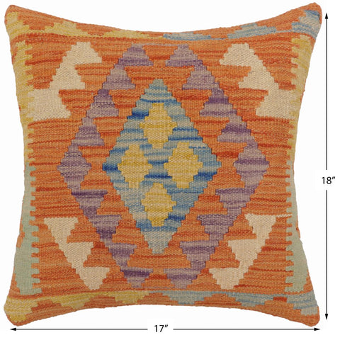 handmade Traditional Pillow Orange Blue Hand-Woven SQUARE 100% WOOL  Hand woven turkish pillow  2 x 2