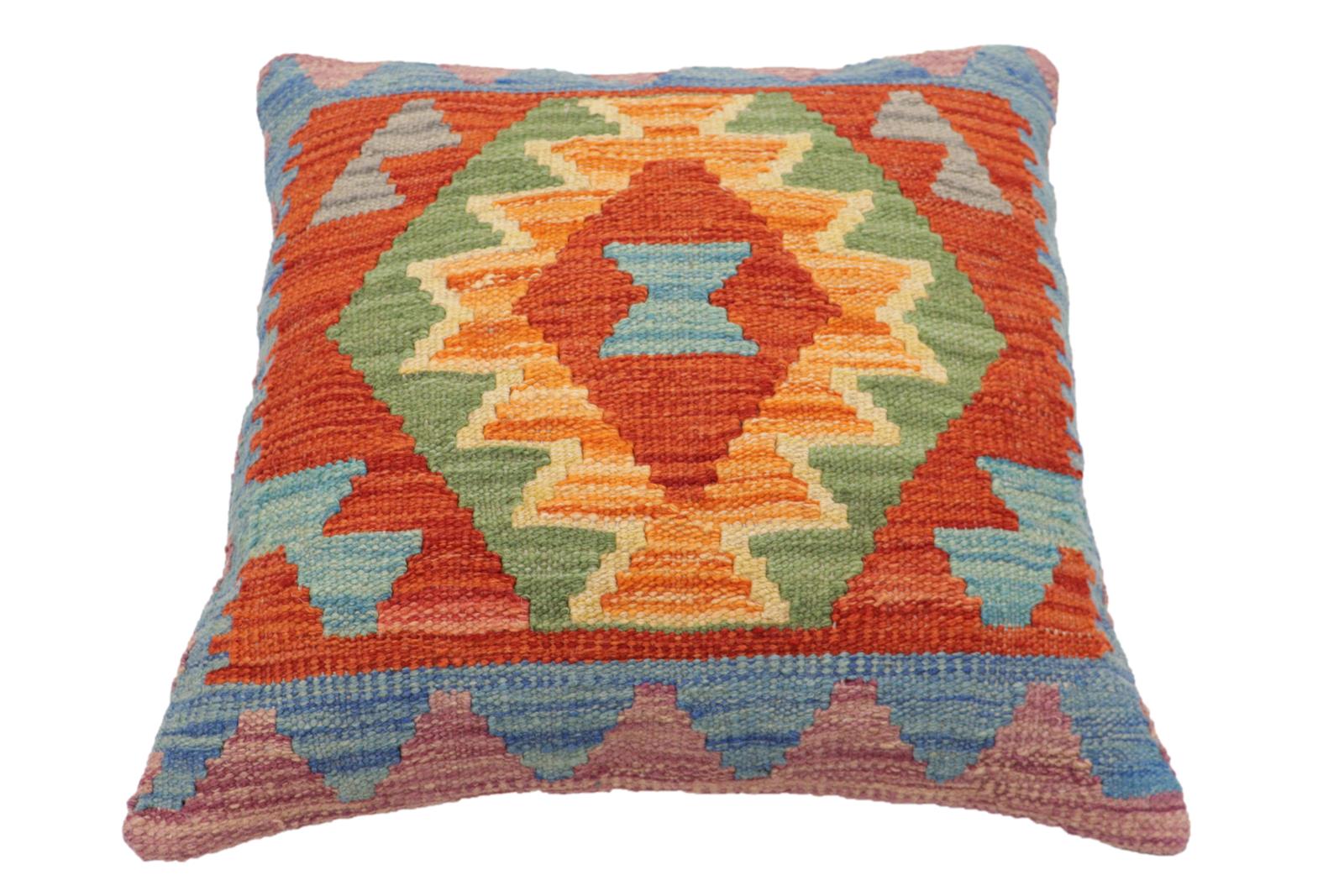 handmade Traditional Pillow Rust Blue Hand-Woven SQUARE 100% WOOL Hand woven turkish pillow2 x 2