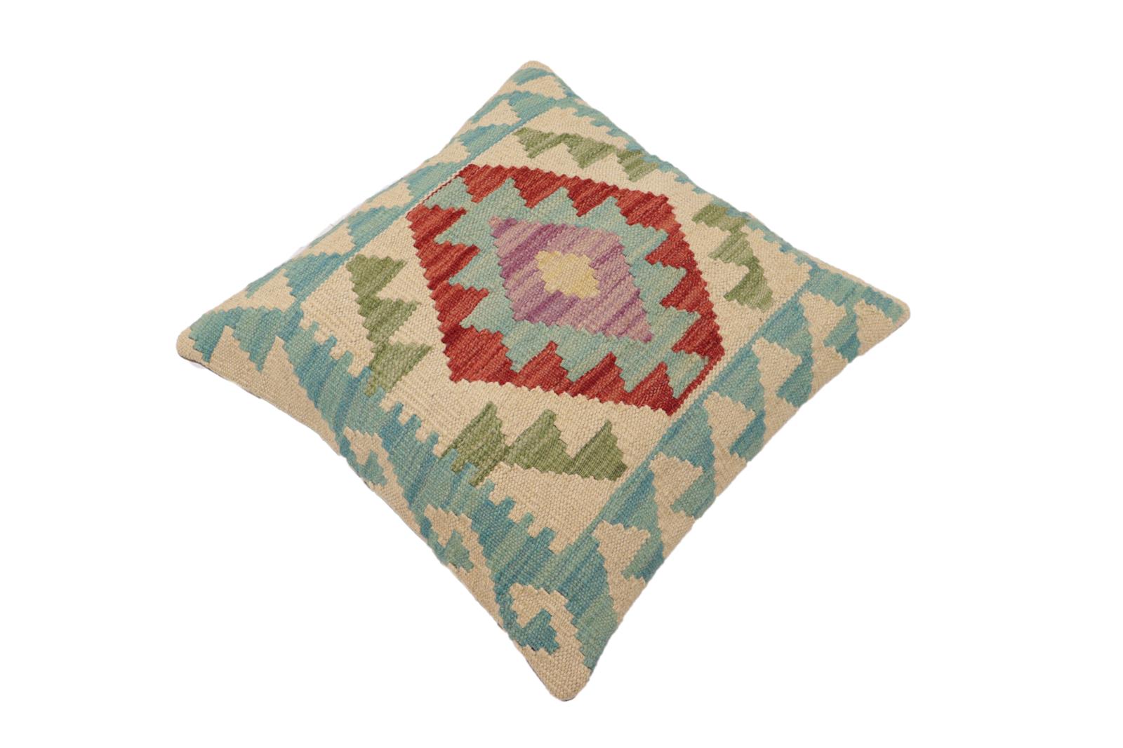 handmade Traditional Pillow Beige Blue Hand-Woven SQUARE 100% WOOL Hand woven turkish pillow2 x 2