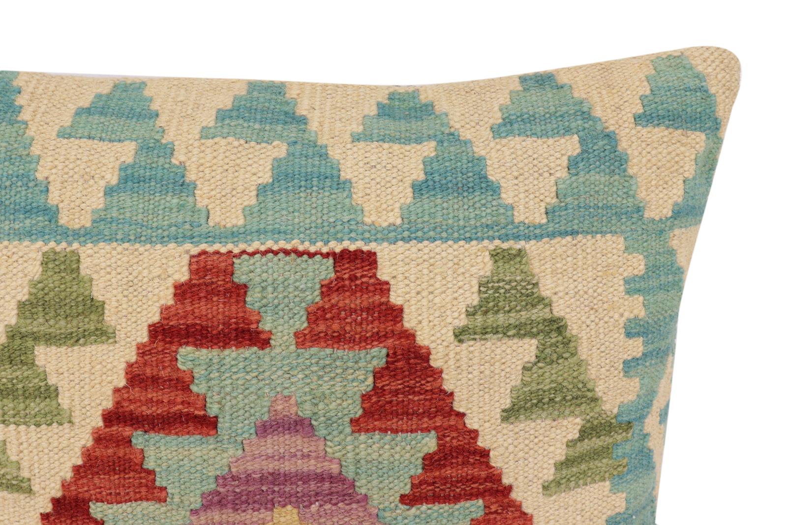 handmade Traditional Pillow Beige Blue Hand-Woven SQUARE 100% WOOL Hand woven turkish pillow2 x 2