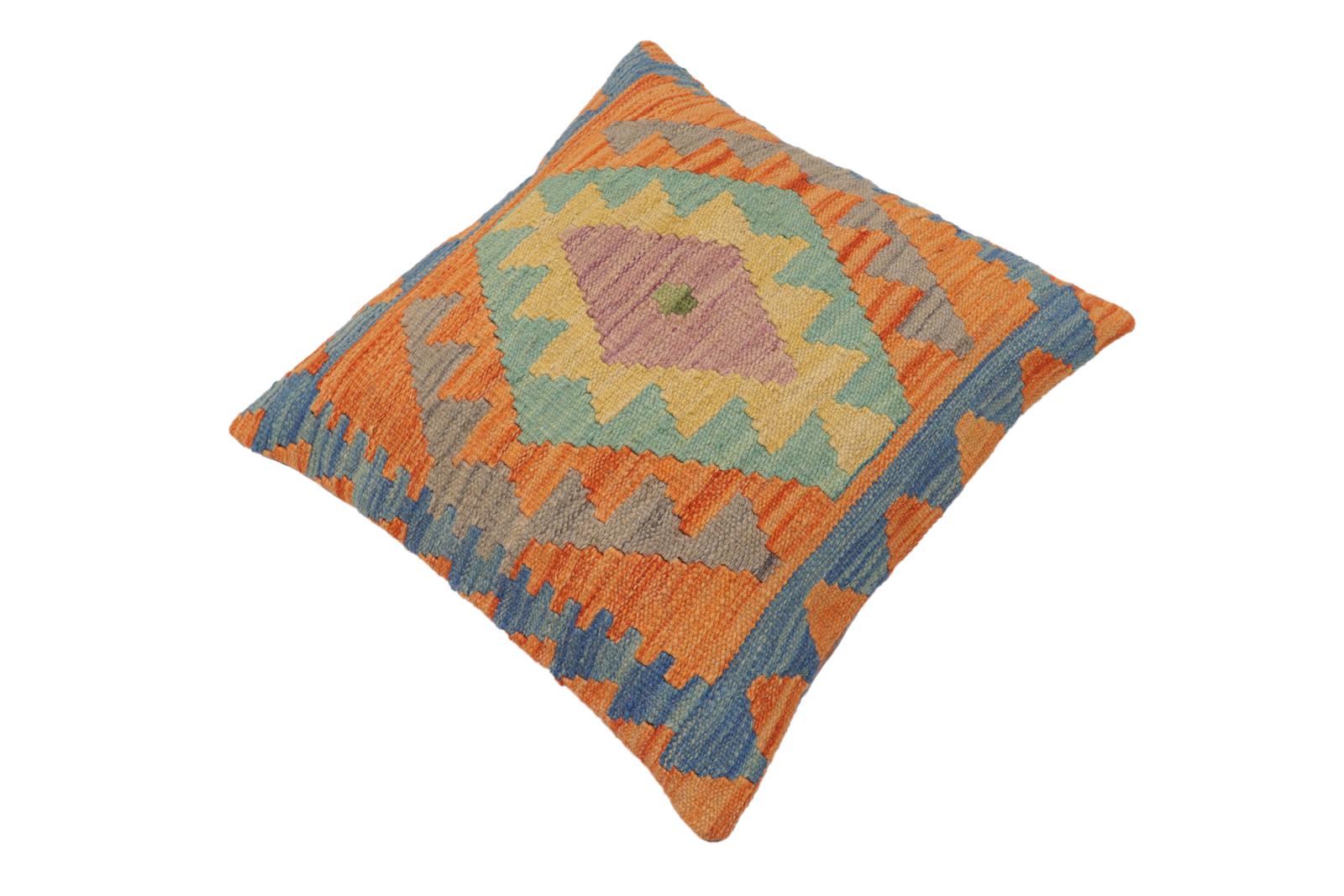 handmade Traditional Pillow Blue Orange Hand-Woven SQUARE 100% WOOL Hand woven turkish pillow2 x 2