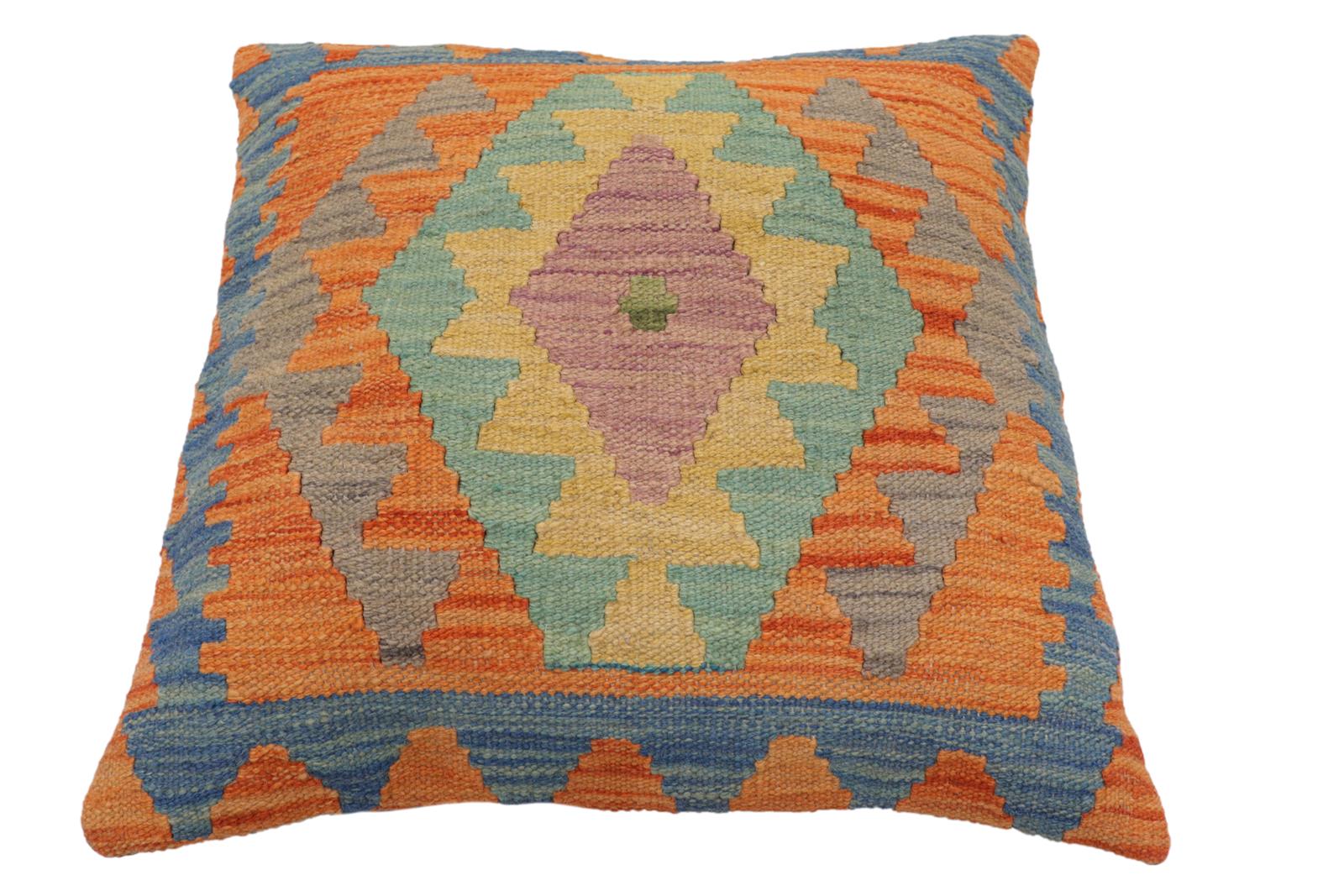 handmade Traditional Pillow Blue Orange Hand-Woven SQUARE 100% WOOL Hand woven turkish pillow2 x 2