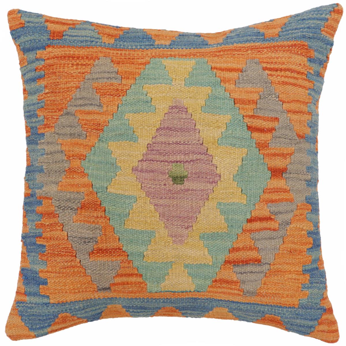 handmade Traditional Pillow Blue Orange Hand-Woven SQUARE 100% WOOL Hand woven turkish pillow2 x 2