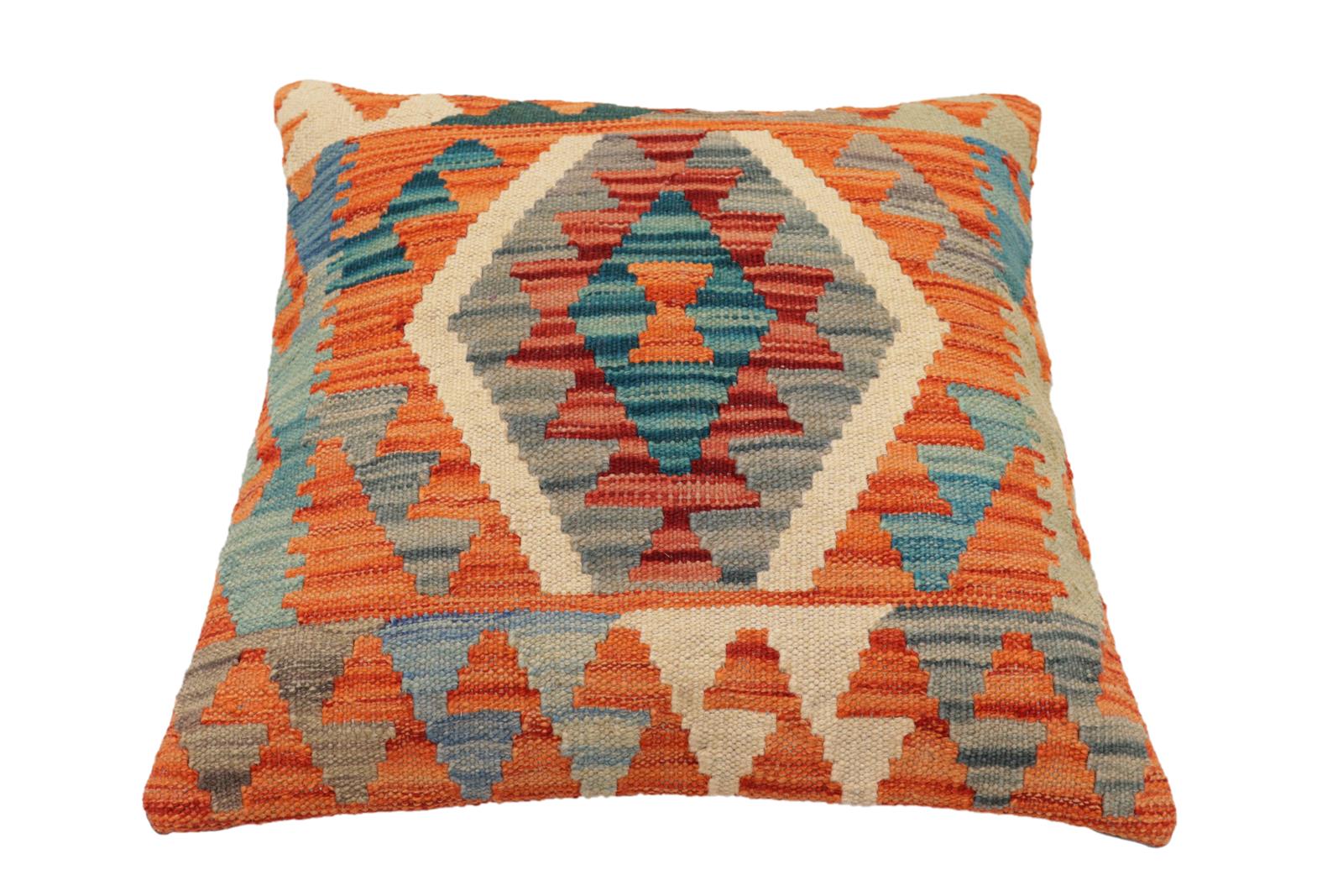 handmade Traditional Pillow Rust Blue Hand-Woven SQUARE 100% WOOL Hand woven turkish pillow2 x 2