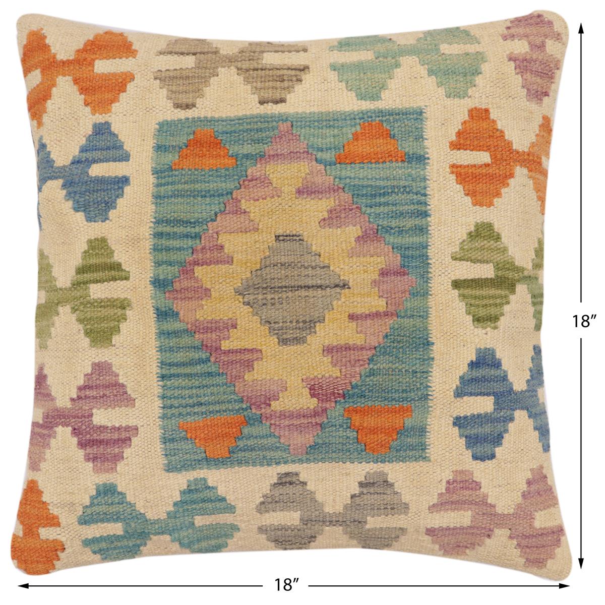 handmade Traditional Pillow Beige Blue Hand-Woven SQUARE 100% WOOL Hand woven turkish pillow2 x 2