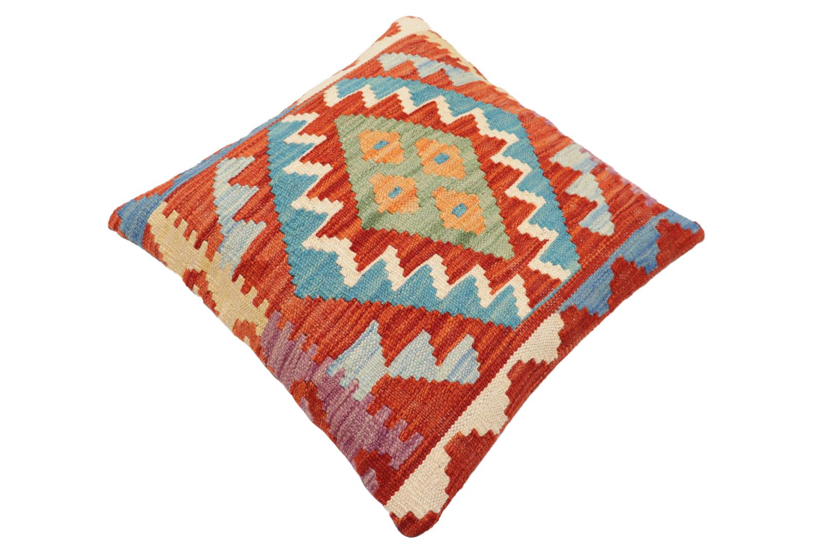 handmade Traditional Pillow Rust Blue Hand-Woven SQUARE 100% WOOL Hand woven turkish pillow2 x 2