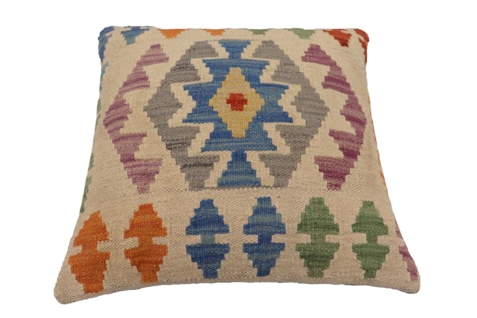 handmade Traditional Pillow Beige Blue Hand-Woven SQUARE 100% WOOL Hand woven turkish pillow2 x 2