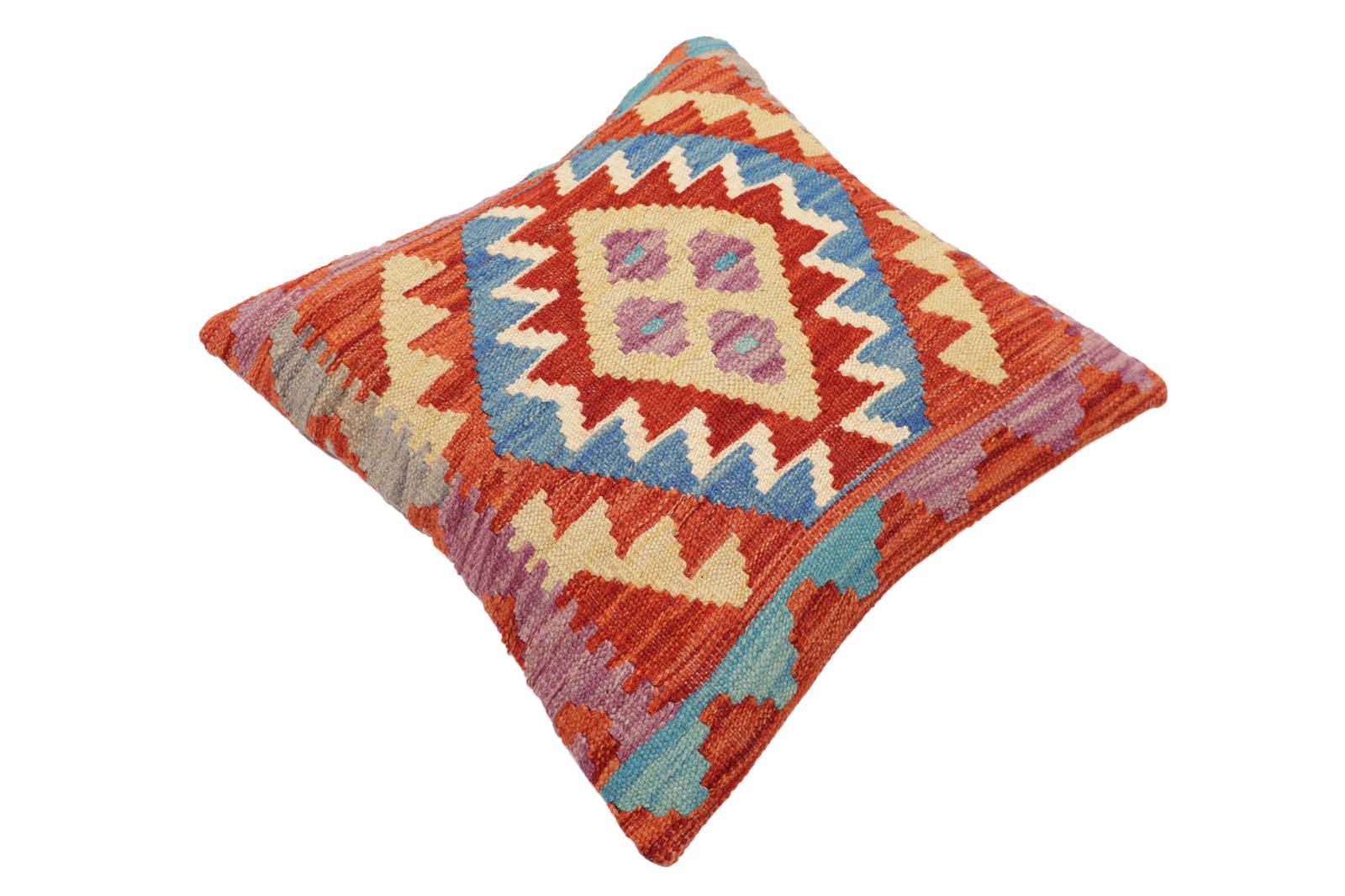 handmade Traditional Pillow Rust Blue Hand-Woven SQUARE 100% WOOL Hand woven turkish pillow2 x 2