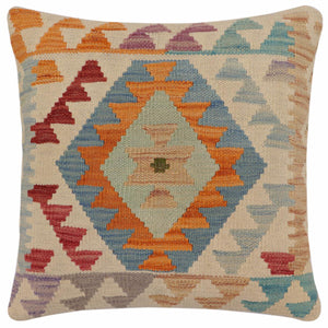 18x18 hand woven kilim throw pillow in beige, blue and red - Bohemian Elliott