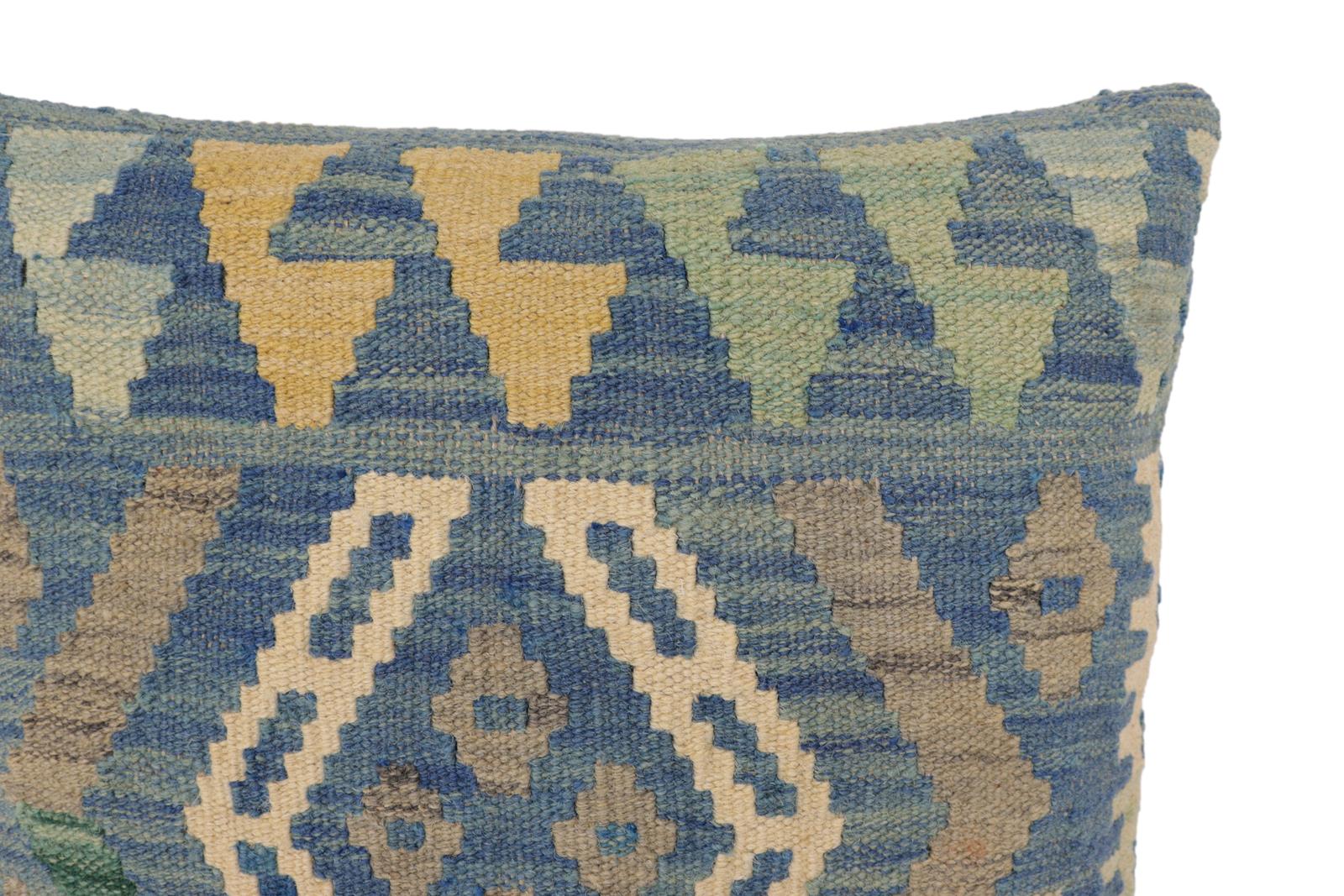 handmade Traditional Pillow Blue Gray Hand-Woven SQUARE 100% WOOL Hand woven turkish pillow2 x 2