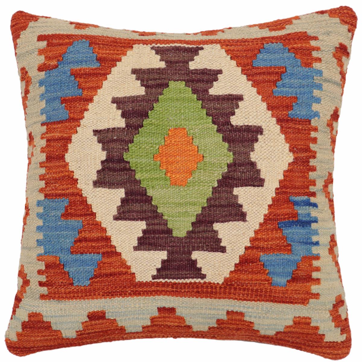 handmade Traditional Pillow Rust Blue Hand-Woven SQUARE 100% WOOL Hand woven turkish pillow2 x 2