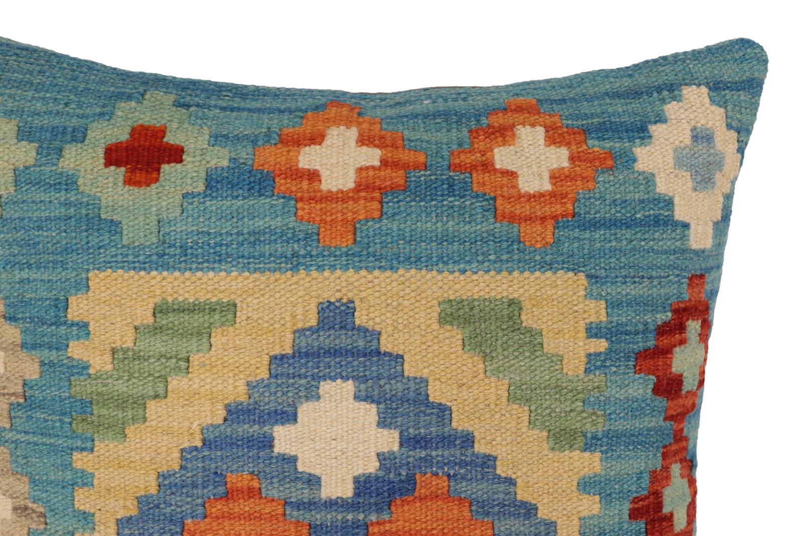 handmade Traditional Pillow Blue Rust Hand-Woven SQUARE 100% WOOL  Hand woven turkish pillow  PILLOW