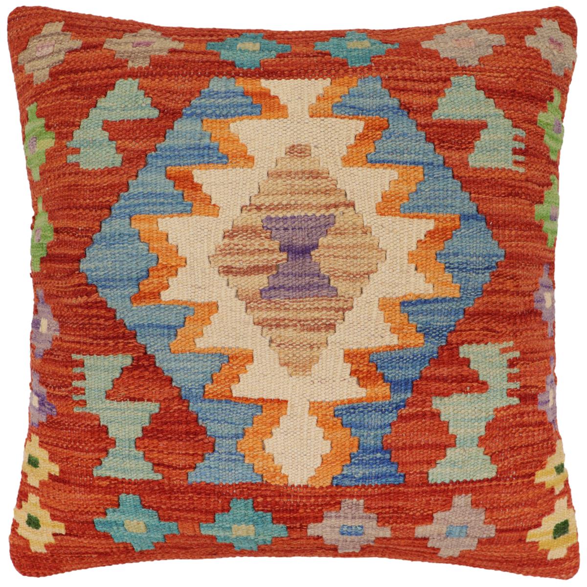handmade Traditional Pillow Rust Blue Hand-Woven SQUARE 100% WOOL  Hand woven turkish pillow  PILLOW