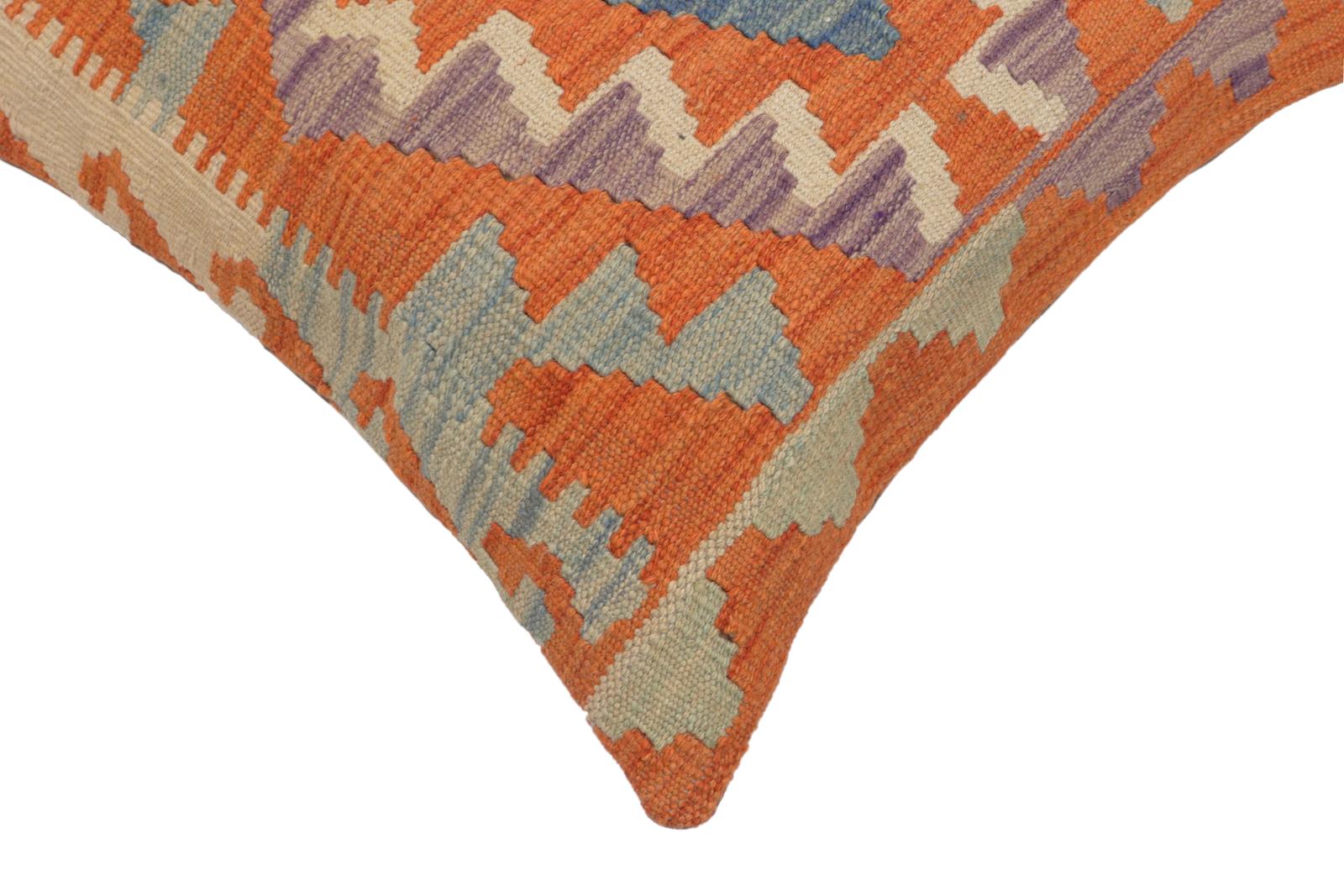 handmade Traditional Pillow Orange Blue Hand-Woven SQUARE 100% WOOL  Hand woven turkish pillow  PILLOW