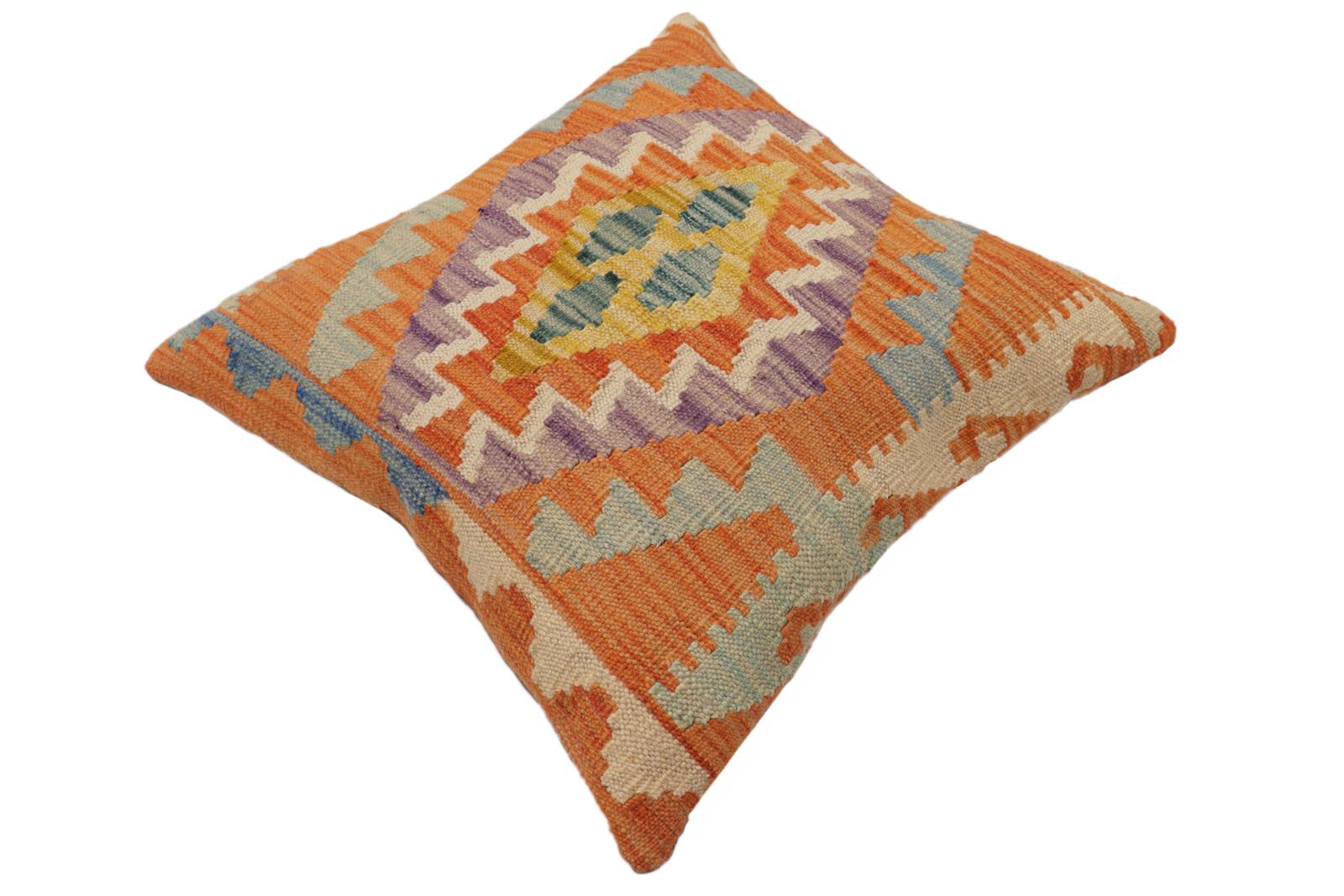 handmade Traditional Pillow Orange Blue Hand-Woven SQUARE 100% WOOL  Hand woven turkish pillow  PILLOW