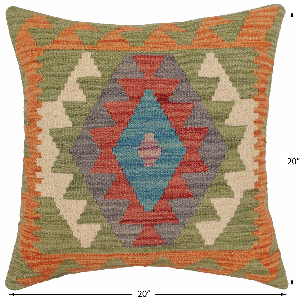 handmade Traditional Pillow Orange Blue Hand-Woven SQUARE 100% WOOL  Hand woven turkish pillow  PILLOW