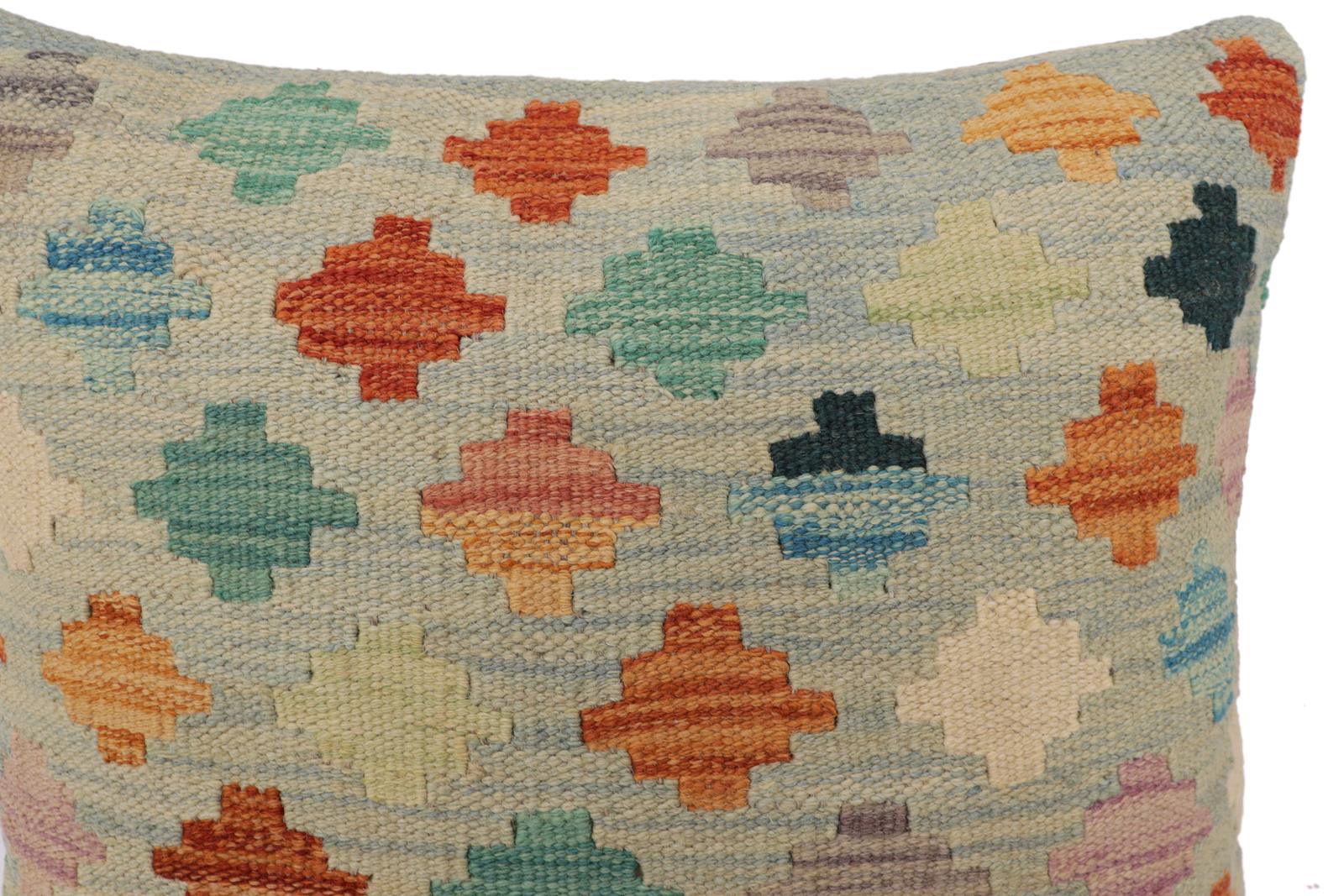 handmade Traditional Pillow Blue Rust Hand-Woven SQUARE 100% WOOL  Hand woven turkish pillow  PILLOW