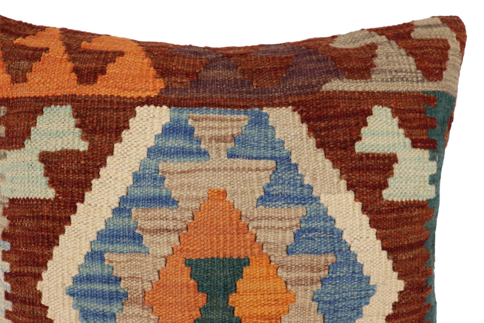 handmade Traditional Pillow Rust Blue Hand-Woven SQUARE 100% WOOL Hand woven turkish pillow2 x 2