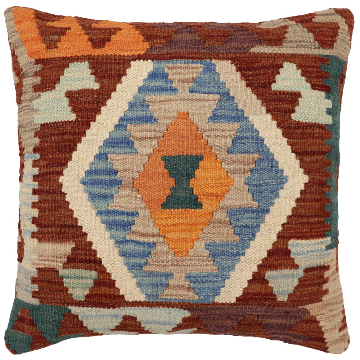 handmade Traditional Pillow Rust Blue Hand-Woven SQUARE 100% WOOL Hand woven turkish pillow2 x 2