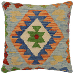 18x18 hand woven kilim throw pillow in blue, rust and beige - Boho Chic Rasmusse