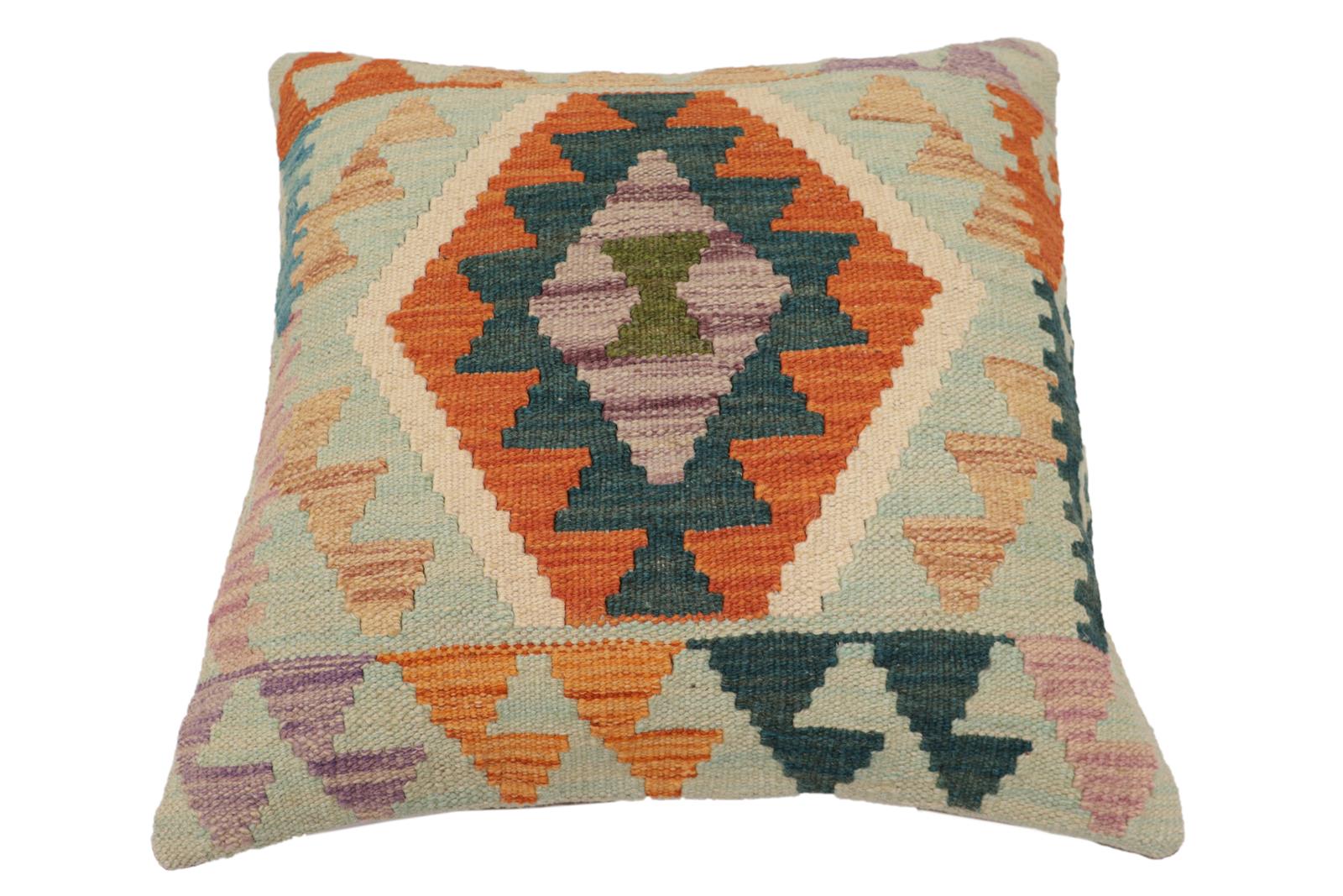 handmade Traditional Pillow Blue Rust Hand-Woven SQUARE 100% WOOL Hand woven turkish pillow2 x 2