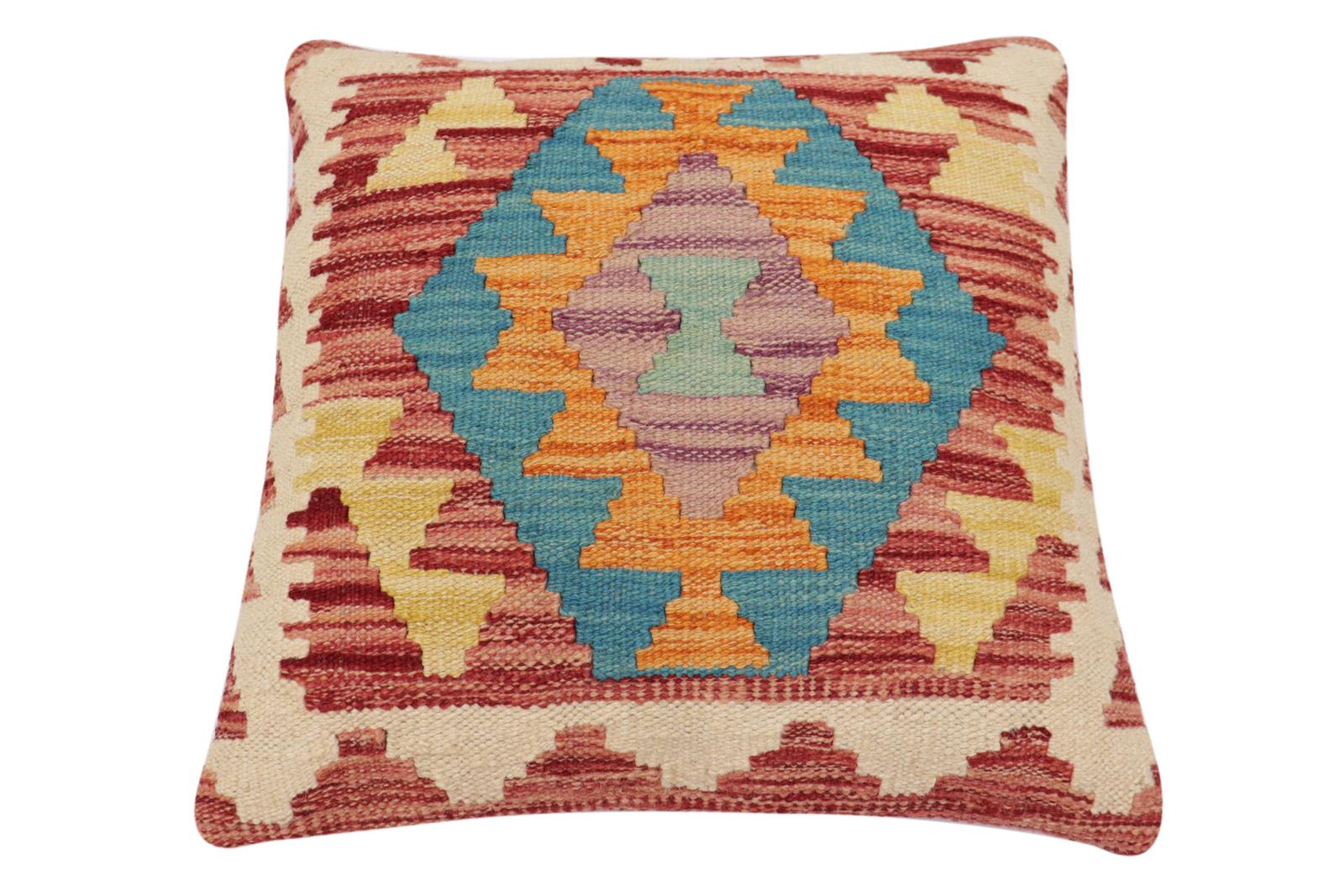 handmade Traditional Pillow Red Blue Hand-Woven SQUARE 100% WOOL Hand woven turkish pillow2 x 2