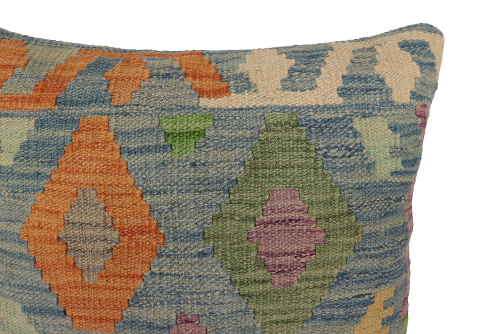 handmade Traditional Pillow Blue Rust Hand-Woven SQUARE 100% WOOL Hand woven turkish pillow2 x 2