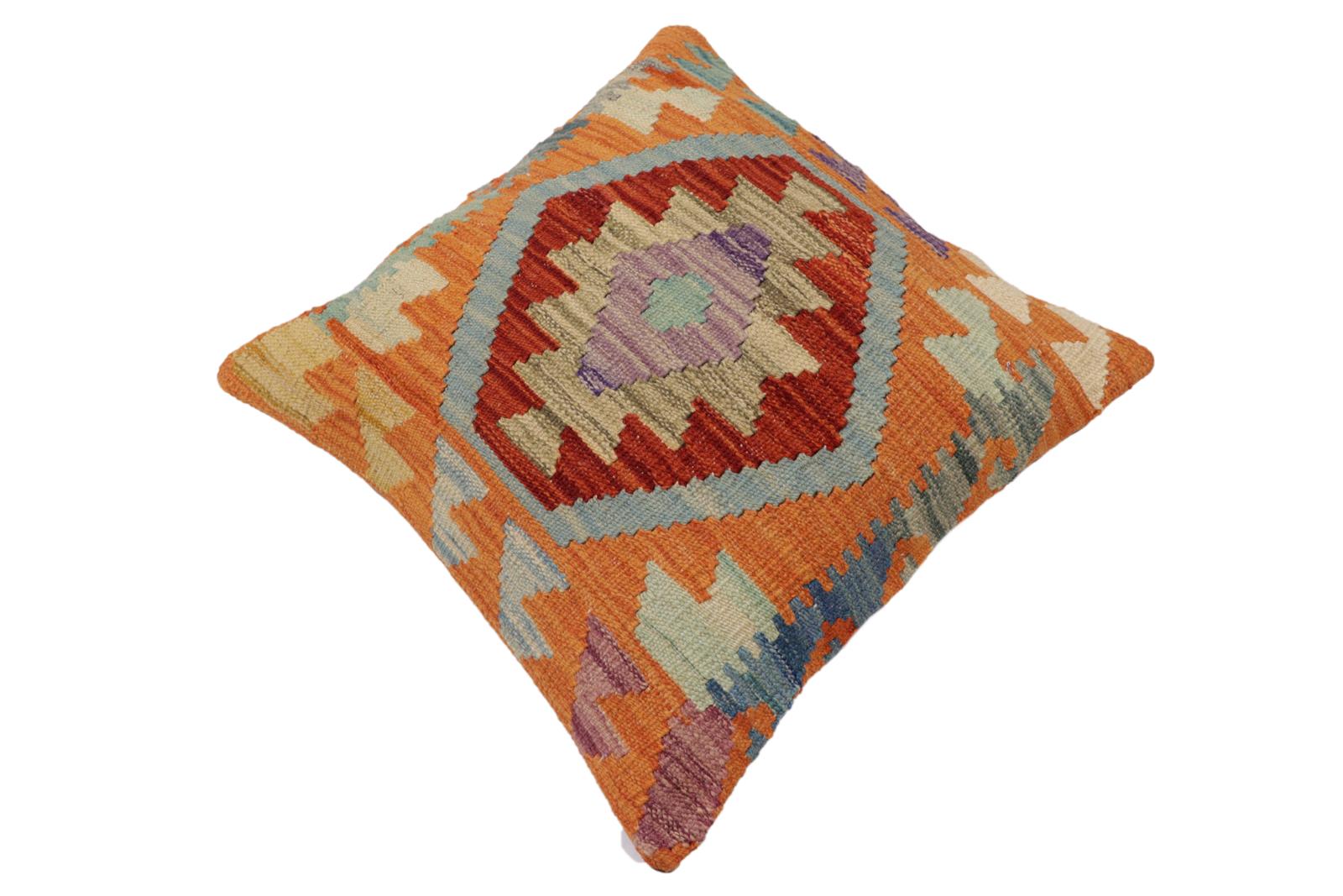 handmade Traditional Pillow Rust Blue Hand-Woven SQUARE 100% WOOL Hand woven turkish pillow2 x 2