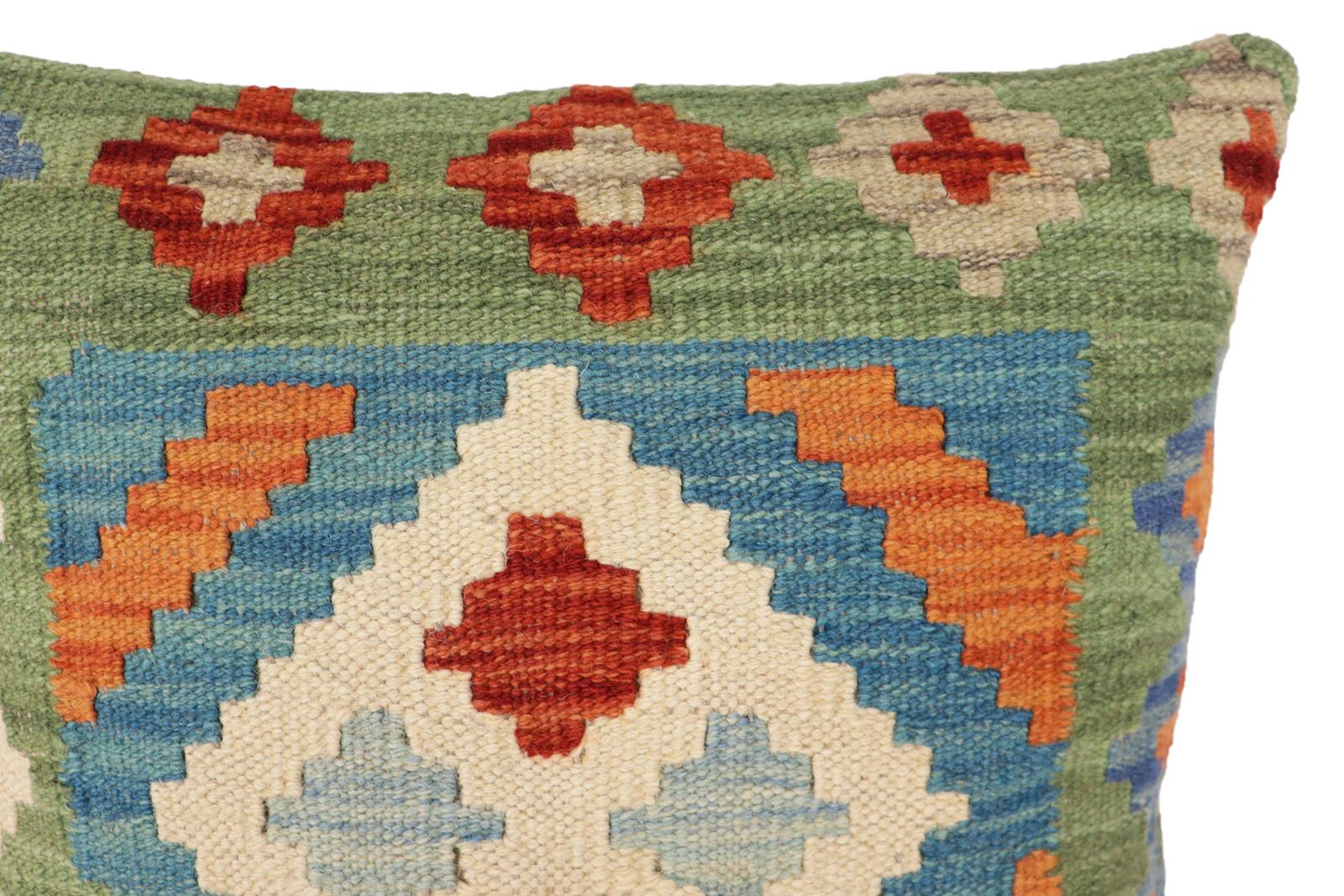 handmade Traditional Pillow Blue Green Hand-Woven SQUARE 100% WOOL Hand woven turkish pillow2 x 2