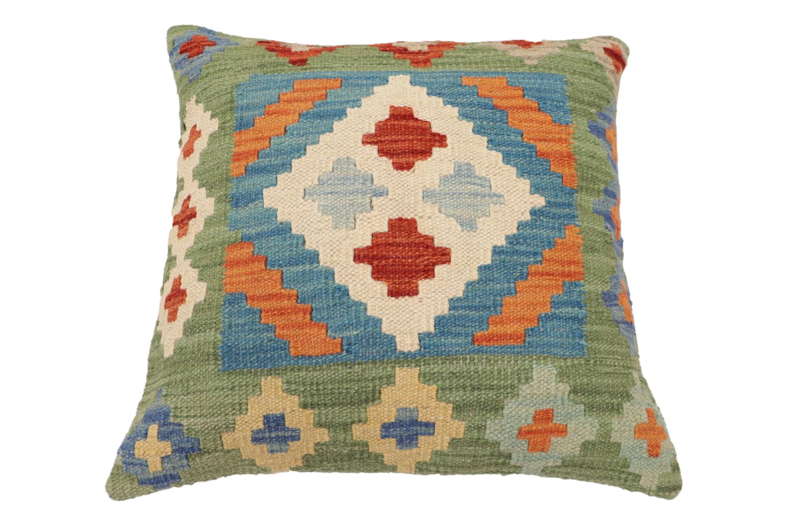 handmade Traditional Pillow Blue Green Hand-Woven SQUARE 100% WOOL Hand woven turkish pillow2 x 2