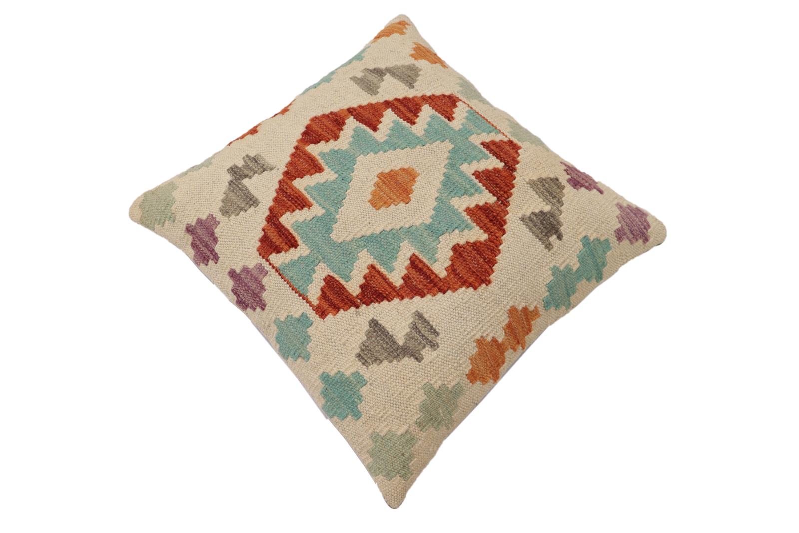 handmade Traditional Pillow Beige Rust Hand-Woven SQUARE 100% WOOL Hand woven turkish pillow2 x 2