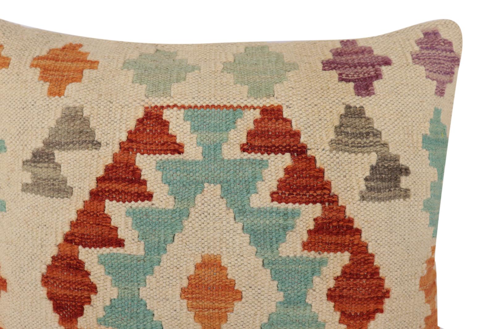 handmade Traditional Pillow Beige Rust Hand-Woven SQUARE 100% WOOL Hand woven turkish pillow2 x 2