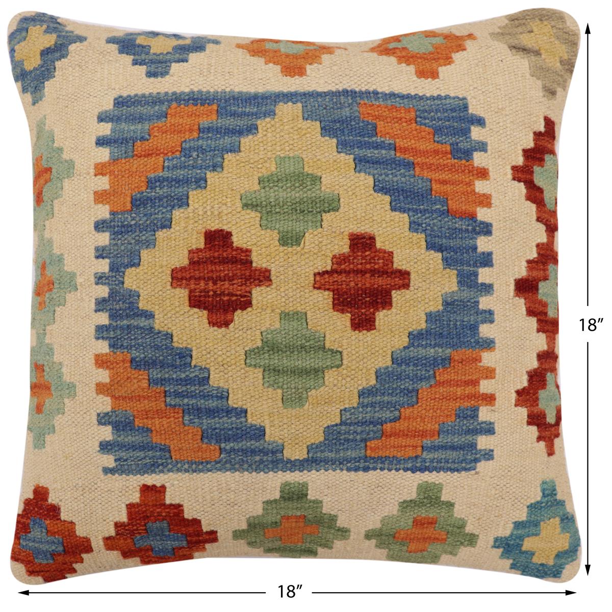 handmade Traditional Pillow Blue Beige Hand-Woven SQUARE 100% WOOL Hand woven turkish pillow2 x 2