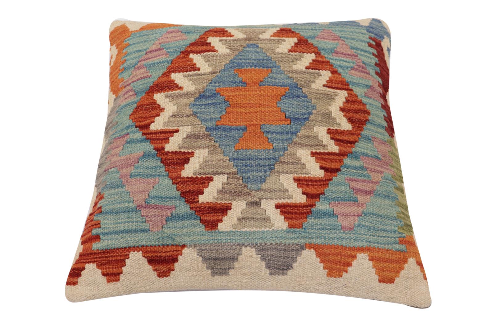 handmade Traditional Pillow Rust Blue Hand-Woven SQUARE 100% WOOL Hand woven turkish pillow2 x 2