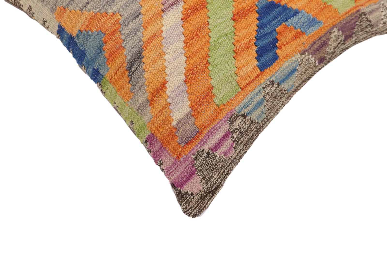 handmade Traditional Pillow Orange Blue Hand-Woven SQUARE 100% WOOL  Hand woven turkish pillow  2 x 2