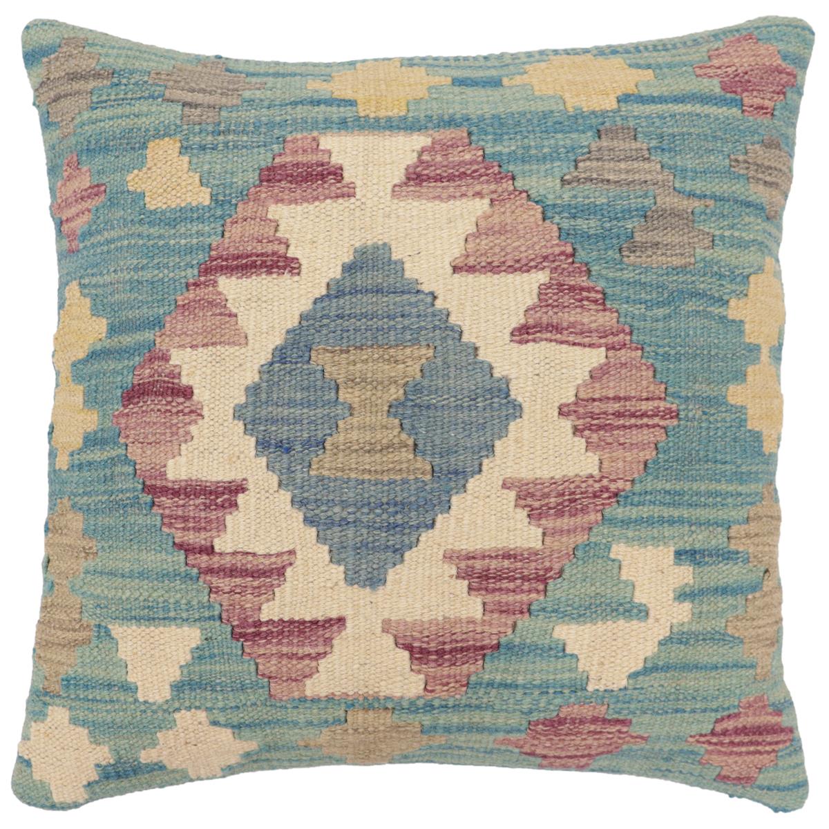 handmade Traditional Pillow Blue Beige Hand-Woven SQUARE 100% WOOL  Hand woven turkish pillow  2 x 2