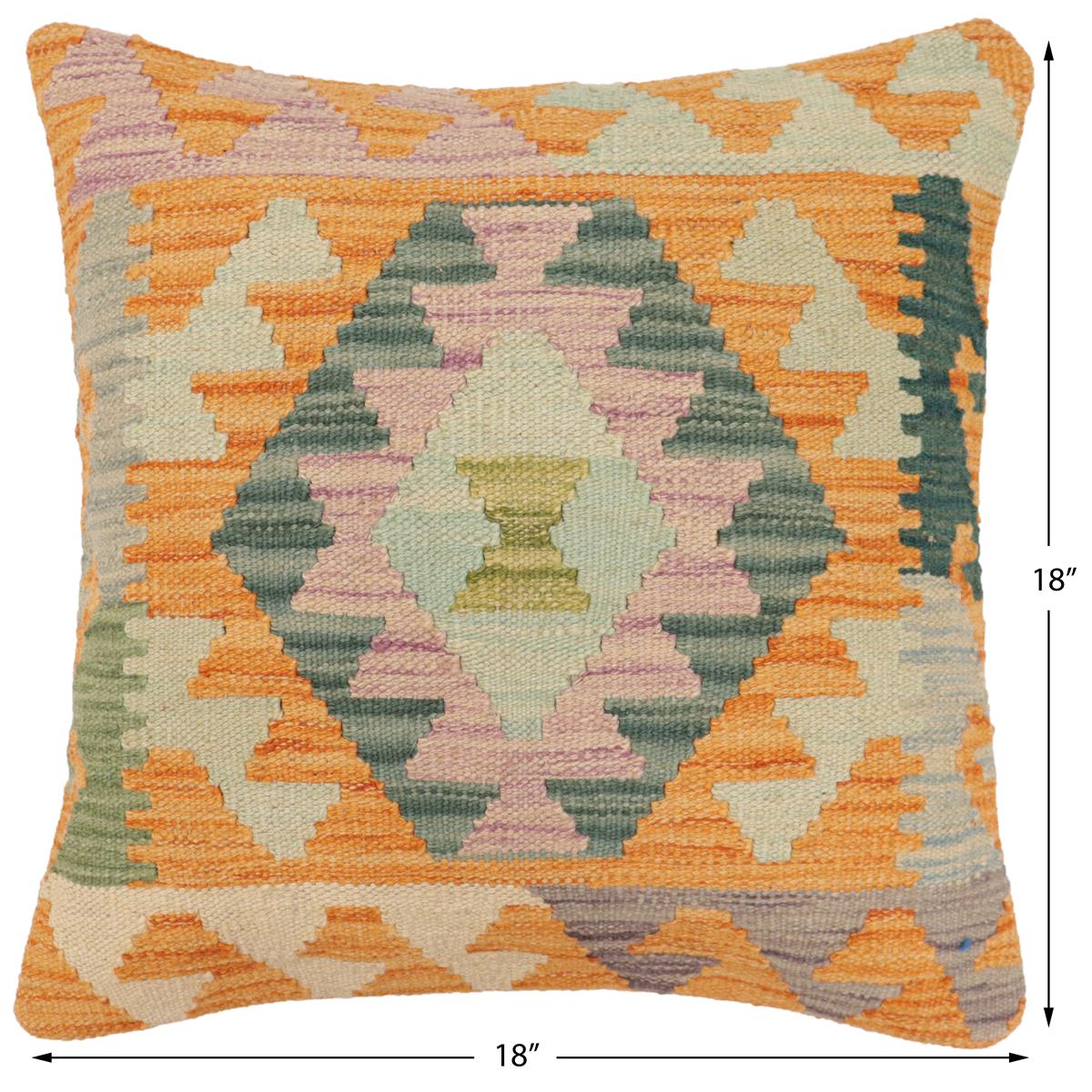 handmade Traditional Pillow Orange Blue Hand-Woven SQUARE 100% WOOL Hand woven turkish pillow2 x 2