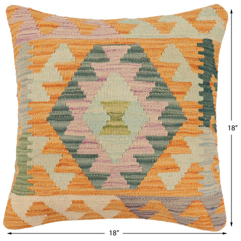 handmade Traditional Pillow Orange Blue Hand-Woven SQUARE 100% WOOL Hand woven turkish pillow2 x 2