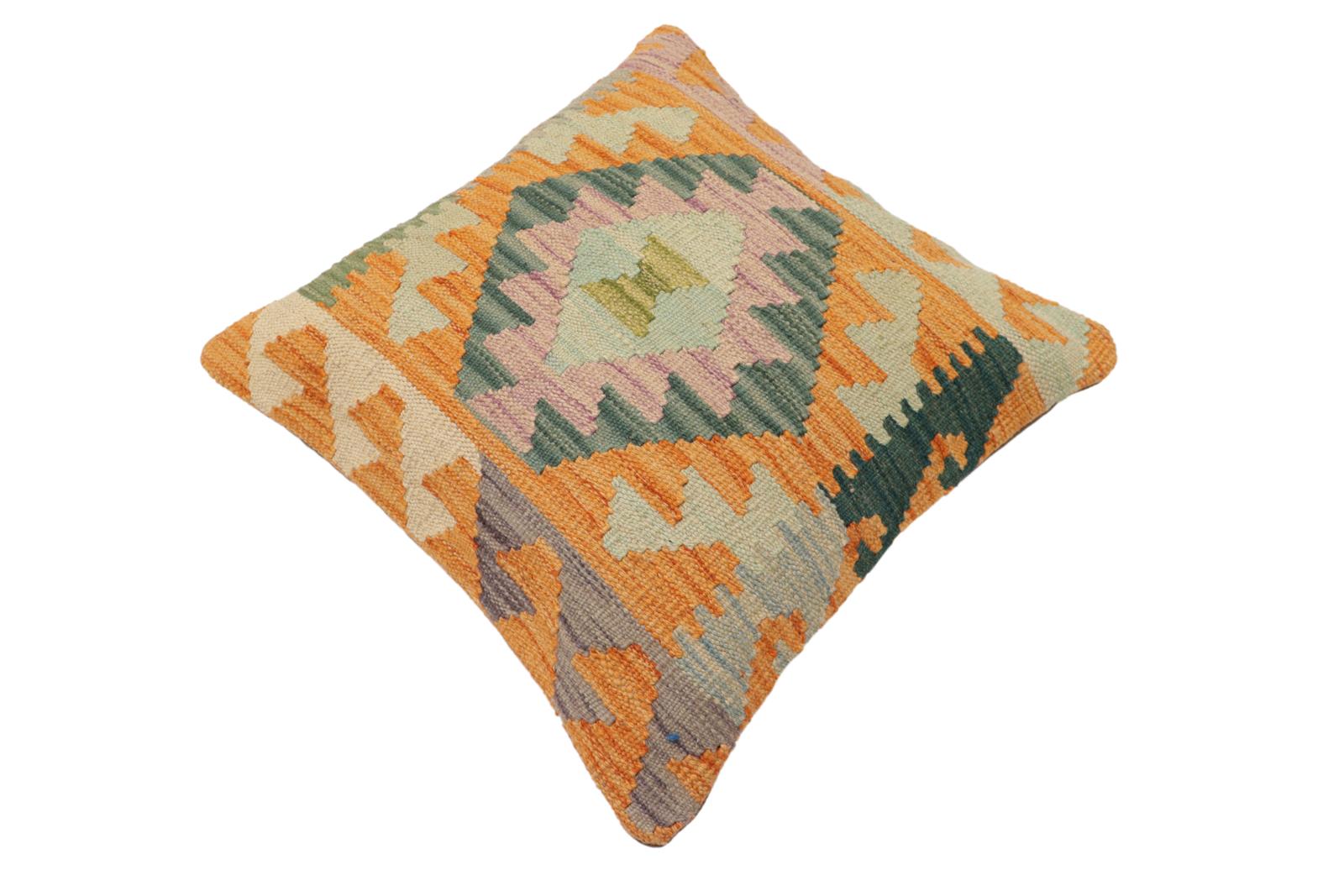 handmade Traditional Pillow Orange Blue Hand-Woven SQUARE 100% WOOL Hand woven turkish pillow2 x 2