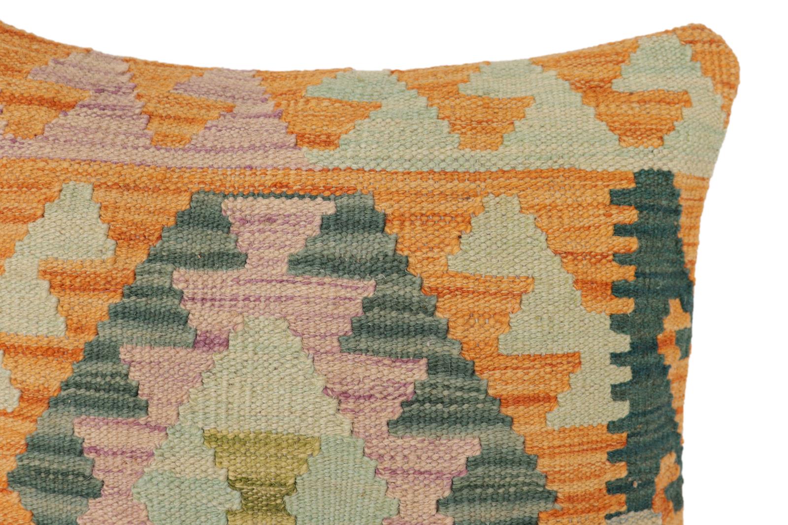 handmade Traditional Pillow Orange Blue Hand-Woven SQUARE 100% WOOL Hand woven turkish pillow2 x 2