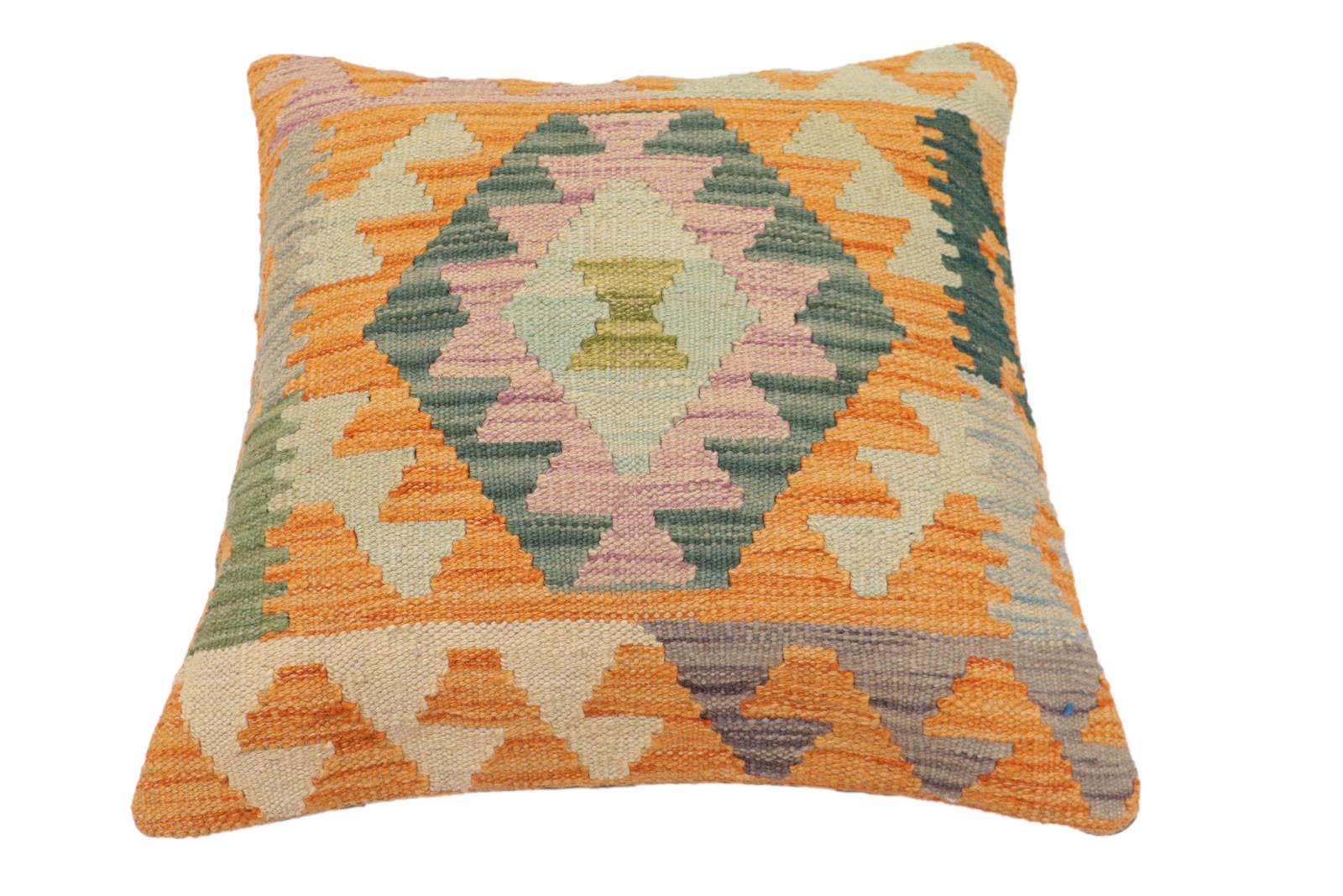 handmade Traditional Pillow Orange Blue Hand-Woven SQUARE 100% WOOL Hand woven turkish pillow2 x 2