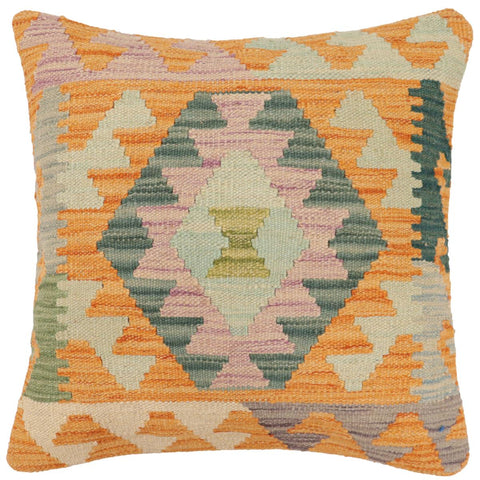 handmade Traditional Pillow Orange Blue Hand-Woven SQUARE 100% WOOL Hand woven turkish pillow2 x 2