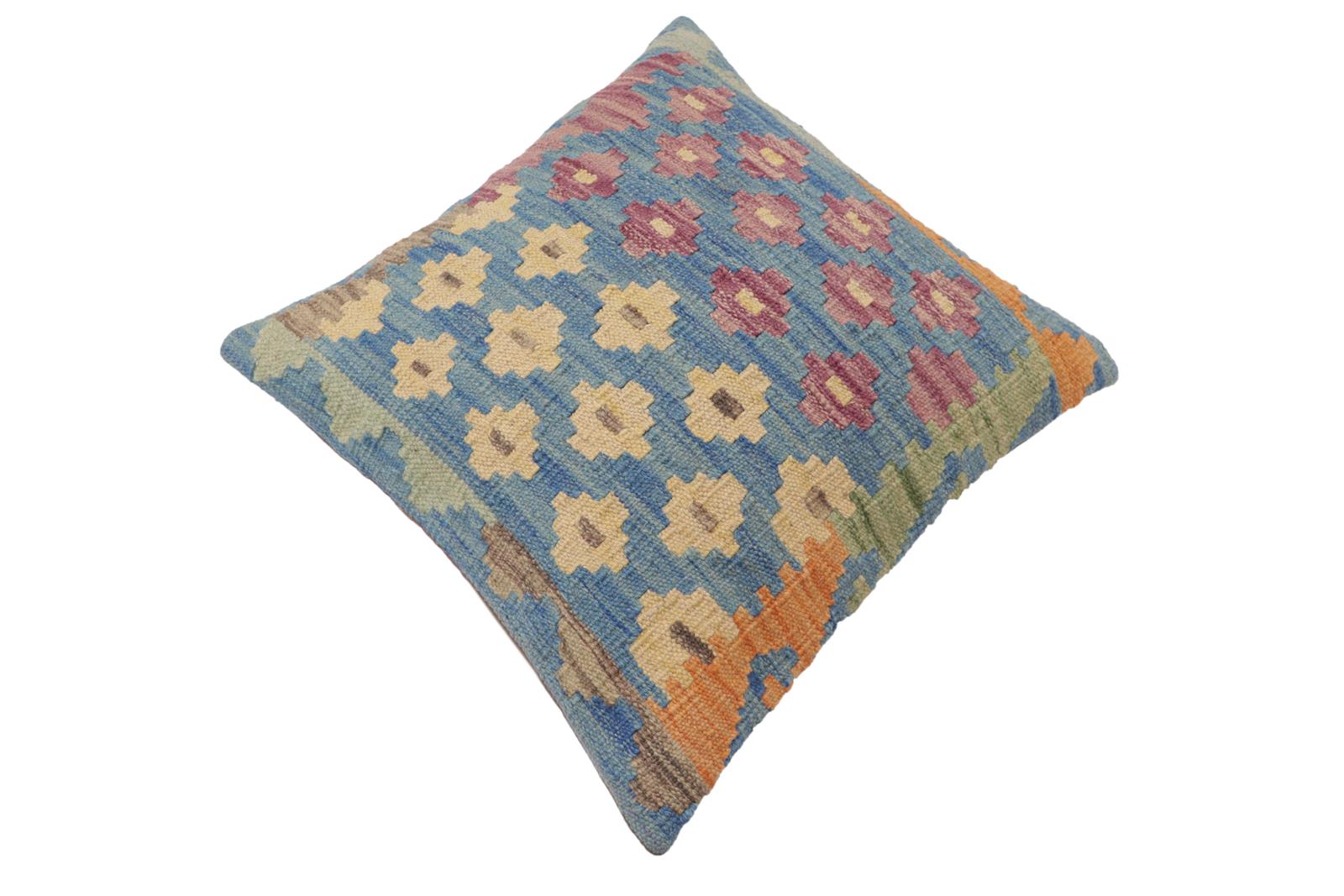 handmade Traditional Pillow Blue Beige Hand-Woven SQUARE 100% WOOL Hand woven turkish pillow2 x 2