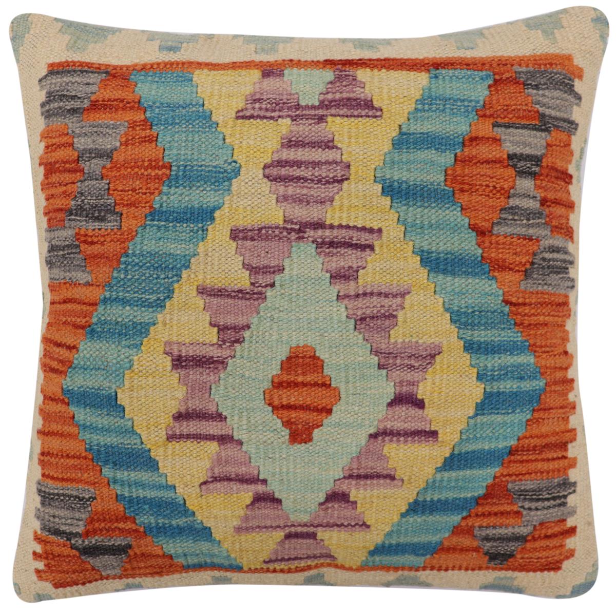 handmade Traditional Pillow Rust Blue Hand-Woven SQUARE 100% WOOL Hand woven turkish pillow2 x 2